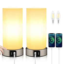 2 Stück Nachttischlampe, Tischlampe Touch Dimmbar, E14 Moderne Tischleuchte, 2 Usb-AnschlüSse, 3 Helligkeitsstufen, für Schlafzimmer, Wohnzimmer, Kinderzimmer(EnthäLt Leuchtmittel/Warmes Weiß) - 1