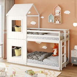 90x200cm Kinderbett Etagenbett Hausbett, Bodentief, mit Leiter & Baldachin (Weiß) - 1