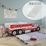 Autobett Kinderbett Jugendbett 70x140 | 80x160 mit Rausfallschutz & Matratze | Feuerwehr Feuerwehrauto Feuerwehrmann Kinder Spielbett - 1