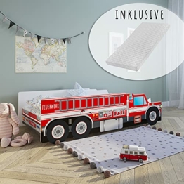 Autobett Kinderbett Jugendbett 70x140 | 80x160 mit Rausfallschutz & Matratze | Feuerwehr Feuerwehrauto Feuerwehrmann Kinder Spielbett - 1