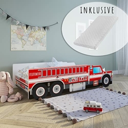 Autobett Kinderbett Jugendbett 70x140 | 80x160 mit Rausfallschutz & Matratze | Feuerwehr Feuerwehrauto Feuerwehrmann Kinder Spielbett - 1