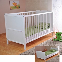 BABY Gitterbett Babybett Kinderbett mit Aloe Vera Schaumstoffmatratze Zahnschienen höhenverstellbar Weiß umbaubar zum Juniorbett - 1