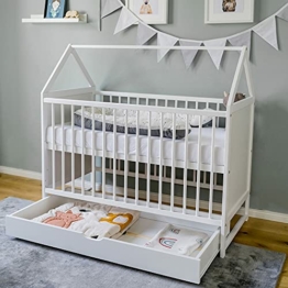 Babybett Beistellbett Kinderbett und Hausbett in einem - 120x60 weiß mit Schublade, höhenverstellbar und umbaubar - 1