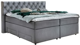 Belanoti Lara Boxspringbett 180x200 mit 4 Schubladen Stauraum Bett 180x200 mit Bettkasten in der Farbe Hellgrau H2 und H3 Chesterfield Kopfteil 7-Zonen Taschenfederkern Matratze inkl. Visco Topper - 1