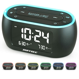Buffbee Nachttisch-Wecker-Radio mit 7-Farben-Nachtlicht, Dual-Alarm, Snooze, Dimmer, USB-Ladegerät, Nap Timer, Digitaler Wecker mit FM-Radio und Auto-Off-Timer, netzbetrieben mit Batterie-Backup - 1