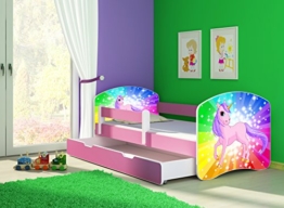 Clamaro 'Fantasia Pink' 160 x 80 Kinderbett Set inkl. Matratze, Lattenrost und mit Bettkasten Schublade, mit verstellbarem Rausfallschutz und Kantenschutzleisten, Design: 18 Einhorn Regenbogen - 1