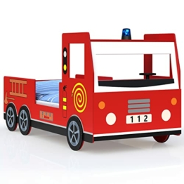 Deuba Kinderbett 205x94,5x103 cm Rausfallschutz Lattenrost 100kg Juniorbett Autobett Feuerwehr Bett Schlafzimmer Spielbett Rot - 1