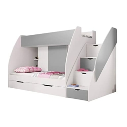 Fabryka Mebli Idźczak Hochbett Kinderbett Martin Etagenbett Stockbett Stockbett Boxspringbett - Schubfächer, Treppe, Kommode, Bücherregal mit Regalen, Modern Design (Weiß/Grau), 80 x 200 cm - 1