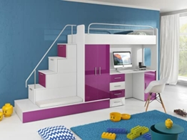 Hochbett mit Schreibtisch TOMI 5, Schrank, Treppe und Gästebett in Hochglanz (Weiß/Lila), 80 x 200 cm - 1