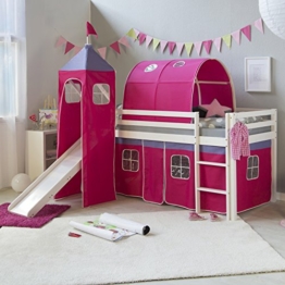 Homestyle4u 539, Kinder Hochbett Mit Rutsche, Leiter, Turm,Tunnel, Vorhang Pink, Massivholz Weiß, 90x200 cm - 1