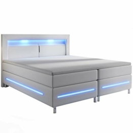 Juskys Boxspringbett Norfolk 140 x 200 cm - LED-Beleuchtung, Bonell-Matratze & Topper - 66 cm Komforthöhe - weiß - Bett Doppelbett Polsterbett - 1