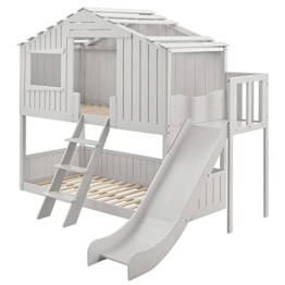 Juskys Kinderbett Baumhaus 90 x 200 cm mit Dach, Rutsche & Leiter — Etagenbett Weiß für Kinder — 2X Lattenrost bis 150 kg — Hausbett aus Massivholz - 1