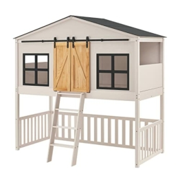 Juskys Kinderbett Farmhaus 90 x 200 cm mit Treppe, Dach & Fenster — Hochbett rosa für Kinder — Lattenrost bis 150 kg — Hausbett aus Massivholz - 1