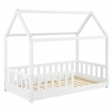 Juskys Kinderbett Marli 80 x 160 cm mit Rausfallschutz, Lattenrost und Dach - Hausbett für Kinder aus Massivholz - Bett in Weiß - 1