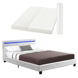 Juskys Polsterbett Verona 120 × 200 cm - Bett komplett mit LED-Beleuchtung, Matratze und Lattenrost - Kunstleder Bezug - weiß — Jugendbett - 1