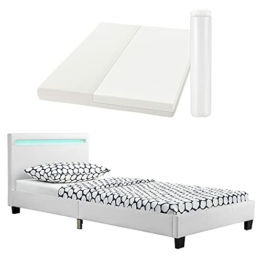 Juskys Polsterbett Verona 90x200 cm weiß mit Matratze — Einzelbett + LED-Beleuchtung, Lattenrost & Kopfteil — Bett aus Holzgestell & Kunstleder-Bezug - 1