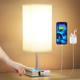 Kakanuo Nachttischlampe Touch Dimmbar mit USB A+Typ-C-Anschlüssen, LED-Birne Inklusive, Grauer Lampenschirm Metallfuß, Moderne Tischlampe für Schlafzimmer Wohnzimmer Babyzimmer Hotel Büro - 1
