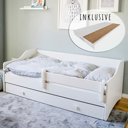 Kinderbett Jugendbett 80x180 mit Matratze Rausfallschutz Schublade Kinder Sofa Couch Bett umbaubar weiß - 1