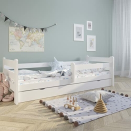 Kinderbett Jugendbett 90x200 cm mit Rausfallschutz | Voll-Holz inkl. Lattenrost & Schublade in weiß Kiefer | Mädchen Jungen Bett skandinavisch - 1