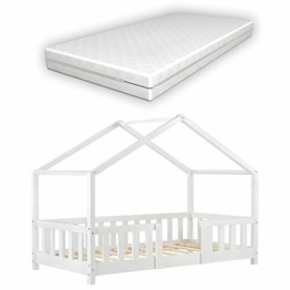 Kinderbett Treviolo mit Matratze und Rausfallschutz 80x160cm Hausbett mit Lattenrost und Gitter Bettenhaus aus Holz Spielbett Weiß - 1