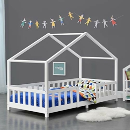 Kinderbett Treviolo mit Rausfallschutz 90x200cm Hausbett mit Lattenrost und Gitter Bettenhaus aus Holz Spielbett Weiß - 1