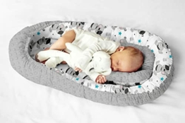 Kokon Kuschelnest für Babys und Säuglinge, Nestchen, Reisebett, 100% Baumwolle und Plüsch Minky, antiallergisch, Grau/Teddy - 1