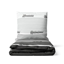 LARAWELL Bettwäsche 135x200 Baumwolle weiß grau gestreift beschriftet Premium - 1