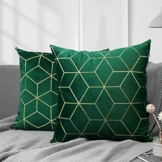 Lewondr Samt Kissenbezug, 2 Stück Quadratisch Dekokissen Hülle mit Goldene Stickerei Geometrisch Muster, Weiche Kopfkissenbezug Zierkissenbezüge für Auto Sofa Wohnzimmer, 45 x 45 cm - Dunkelgrün - 1