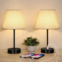 LIANTRAL 2er-Set Nachttischlampen mit 2 USB-Anschlüsse, E27, Modern Tischleuchte Stoff Lampenschirm Metallbasis Nachtlicht Tischlampe für Schlafzimmer, Wohnzimmer, Büro - 1
