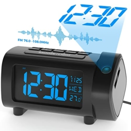 LIORQUE Projektionswecker Radiowecker Digital Wecker mit Projektion 180°, Radio, Snooze, Wochenendmodus, USB, Ladefuntion, Temperatur, 2-Farb-Ziffern und 4-Stufe-Heilligkeit (Schwarz) - 1