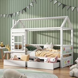 Massivholz Hausbett 200x90, Kinderbett mit Rausfallschutz, Kinder Bett inklusive Schubladen/Fenster/Lattenrost, für Jungen & Mädchen, Weiß - 1
