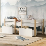 Merax Kinderbett mit Rausfallschutz und Schubladen 90x200cm, Stabil Massivholz & Holz-Platte Beistellbett mit Lattenrost, Babybett Einzelbett für Jungen & Mädchen, Weiß - 1