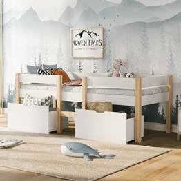 Merax Kinderbett mit Rausfallschutz und Schubladen 90x200cm, Stabil Massivholz & Holz-Platte Beistellbett mit Lattenrost, Babybett Einzelbett für Jungen & Mädchen, Weiß - 1