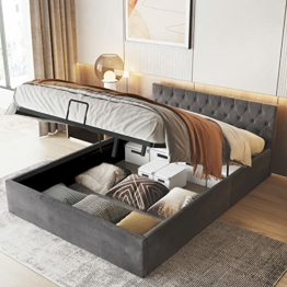 Merax Polsterbett mit Bettkasten, 140 x 200 cm Samt-Stoff Doppelbett mit Lattenrost und Stauraum, Einfacher Stil, Grau - 1