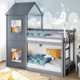 Moimhear 90x200cm Kinderbett Etagenbett Hausbett, Bodentief, mit Leiter & Baldachin (Grau) - 1