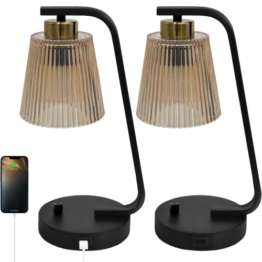 Nachttischlampen 2er-Set, Vintage Stufenlos Dimmbar Tischlampen mit USB-Anschluss, Bernstein Glasschirm Retro Schreibtischlampe für Schlafzimmer Wohnzimmer Büro 2×E27 7W LED-Glühbirnen inkl. - 1