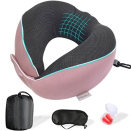 Nackenkissen Set mit Schlafmaske, Ohrstöpsel, Aufbewahrungstasche & abnehmbarem Bezug, Reisekissen aus Memory Schaum, 360° Ergonomischer Stützfunktion Nackenhörnchen, fürs Auto, Flugzeug & zum Reisen - 1