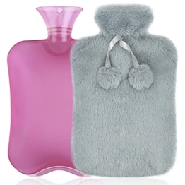 OEOP Wärmflasche mit Bezug Flauschig,2L Wärmeflasche Hot Water Bottle Mini Wärmflaschen für Kinder Erwachsene Warmhalten und Schmerzlinderung Bettflasche in Kunstfelloptik - Grau - 1