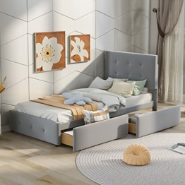 Polsterbett 90 x 200 cm Bett mit Lattenrost, Rückenlehne und Zwei Schubladen, Hautfreundlicher Flanellstoff beige flaches Einzelbett Kinderbett Jugendbett Gästebett (Grau) - 1