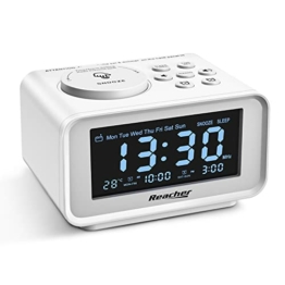 REACHER FM Radiowecker mit USB-Anschlüssen, Dual Alarm mit Wochentag/Wochenend, 6 Weckergeräusche, Anpassbare Helligkeitsregulierung, Sleep-Timer, Temperaturanzeige, Kleine Größe für Schlafzimmer Weiß - 1