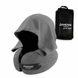 SANDINI TravelFix Hoodie Regular Size – Premium Reisekissen mit Verschluss/Nackenkissen mit ergonomischer Stützfunktion und integrierter Kapuze – Gratis Transporttasche mit Befestigungs-Clip - 1