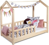 Sanmar Kinderbett Bett Hausbett 140x200 mit Rausfallschutz Latternost Bettgestell aus Kiefer Holz für Haus Kinder Jungen & Mädchen - Holzbett Baby Kinderzimmer Junge Deko (Rausfallschutz: MIT) - 1