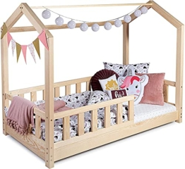 Sanmar Kinderbett Bett Hausbett 140x200 mit Rausfallschutz Latternost Bettgestell aus Kiefer Holz für Haus Kinder Jungen & Mädchen - Holzbett Baby Kinderzimmer Junge Deko (Rausfallschutz: MIT) - 1