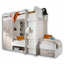 Stella Trading MAXI Hochbett mit Schrank & 2x Liegeflächen 90 x 200 cm - Platzsparendes Kinder Etagenbett in Sandeiche Optik, weiß - 269 x 180 x 115 cm (B/H/T) - 1