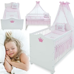 Traumhaftes rosa-weißes Babybett umbaubar – vom 70x140 cm Babybett zum Juniorbett umbaubar – mit Matratze, Bettwäsche, Himmel, Premium Kinderbett - Premium Babybett, Kinderbett - 1