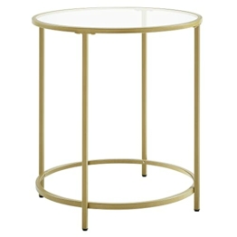 VASAGLE Beistelltisch rund, Glastisch mit goldenem Metallgestell, Kleiner Couchtisch, Nachttisch, Sofatisch, Balkon, Robustes Hartglas, dekorativ, Gold LGT20G - 1