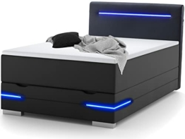 wonello Boxspringbett 140x200 mit Bettkasten, LED Beleuchtung und 2X USB Anschluss - gemütliches Bett mit einzigartiger Optik - Stauraumbett 140 x 200 cm beleuchtet schwarz mit Matratze und Topper - 1